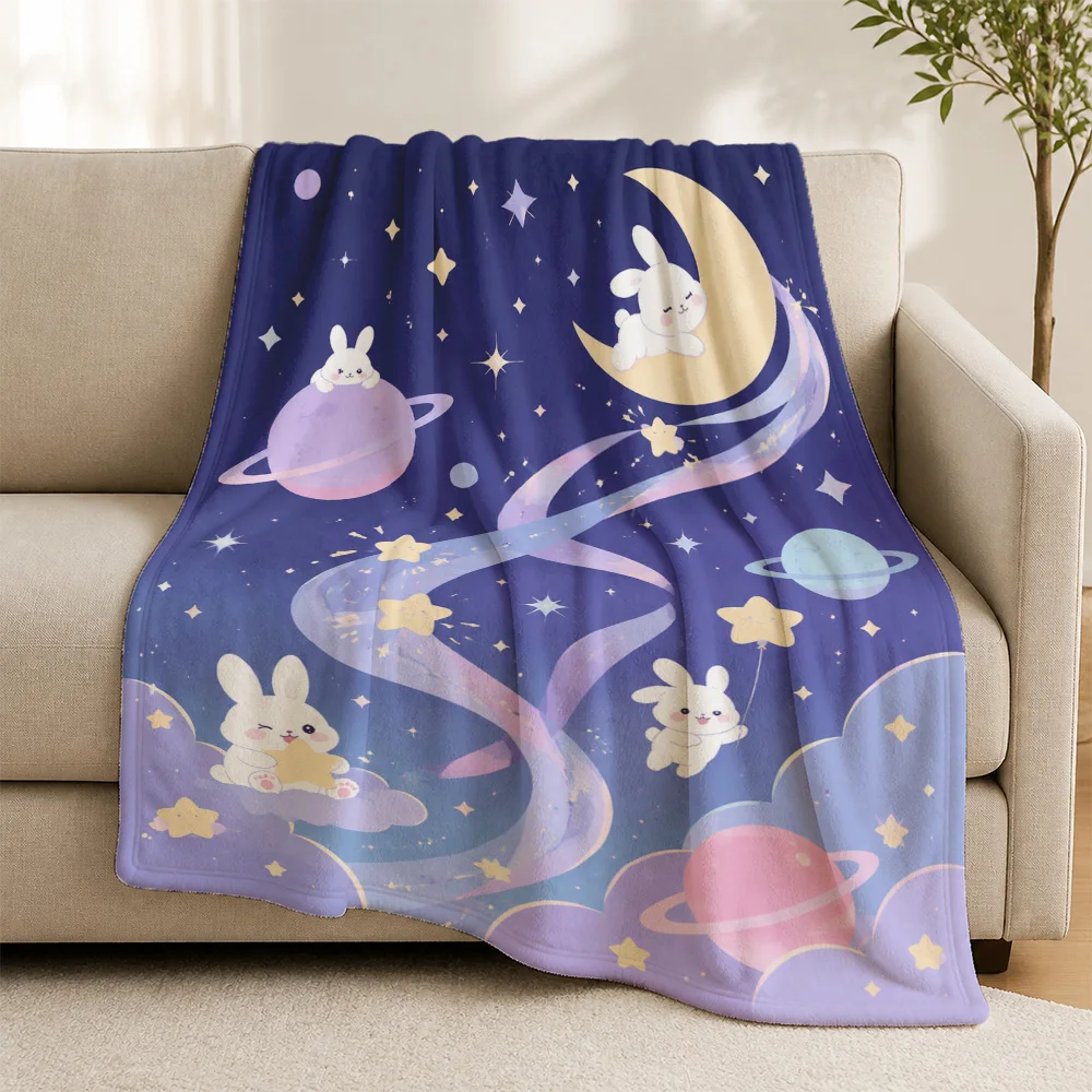 Cute Rabbit Galaxy Space Throw Blanket Plush Kids Nursery Decor Stars Moon Planets Celestial Cozy Lap Throw for Bed