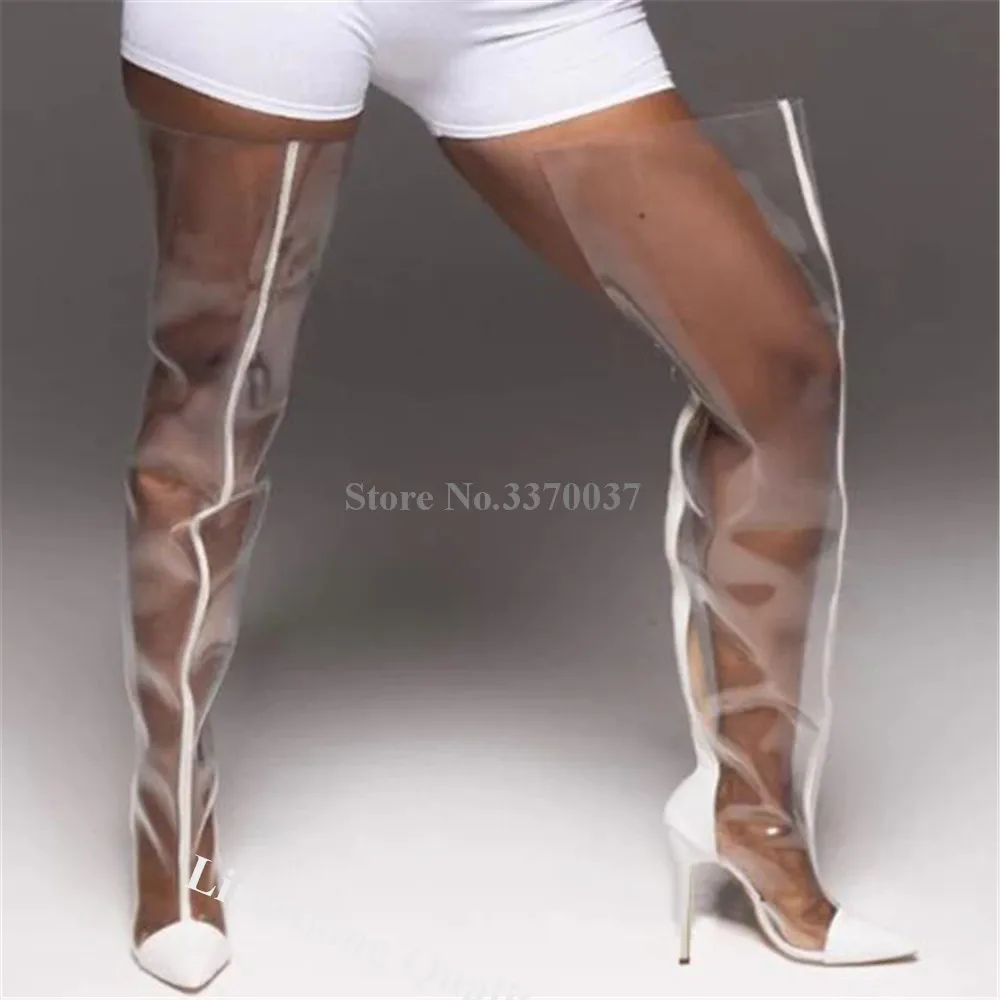 Linamong White Patent Leather Patchwork Clear PVC Thin Heel Over Knee Boots Sexy Pointed Toe Transparent Stiletto Heel Long Boot