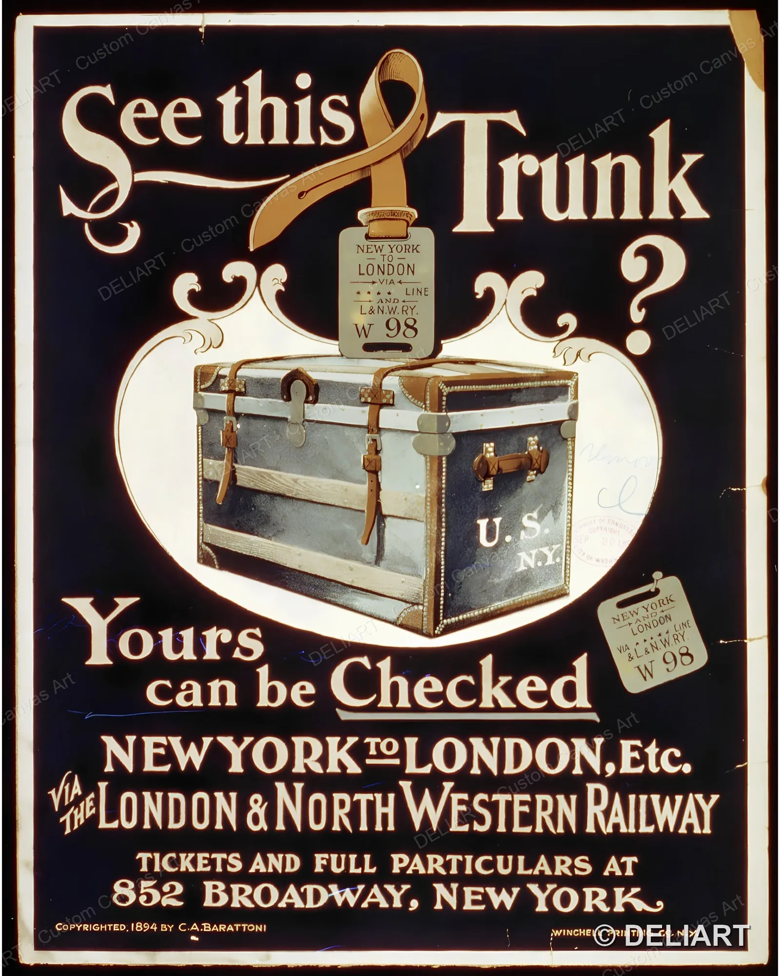See this Trunk? Yours can be checked New York to London Vintage Travel Canvas Wall Art Poster Print Retro Home Decor Unframed