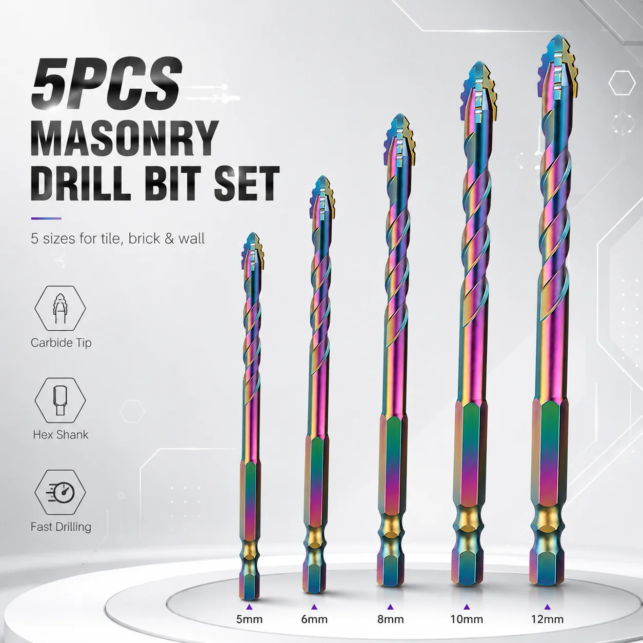 5Pcs Hex Shank Masonry Drill Bits Set, Carbide Tip Multifunctional Drill Bits for Tile, Brick, Concrete, Wood & Glass Drilling