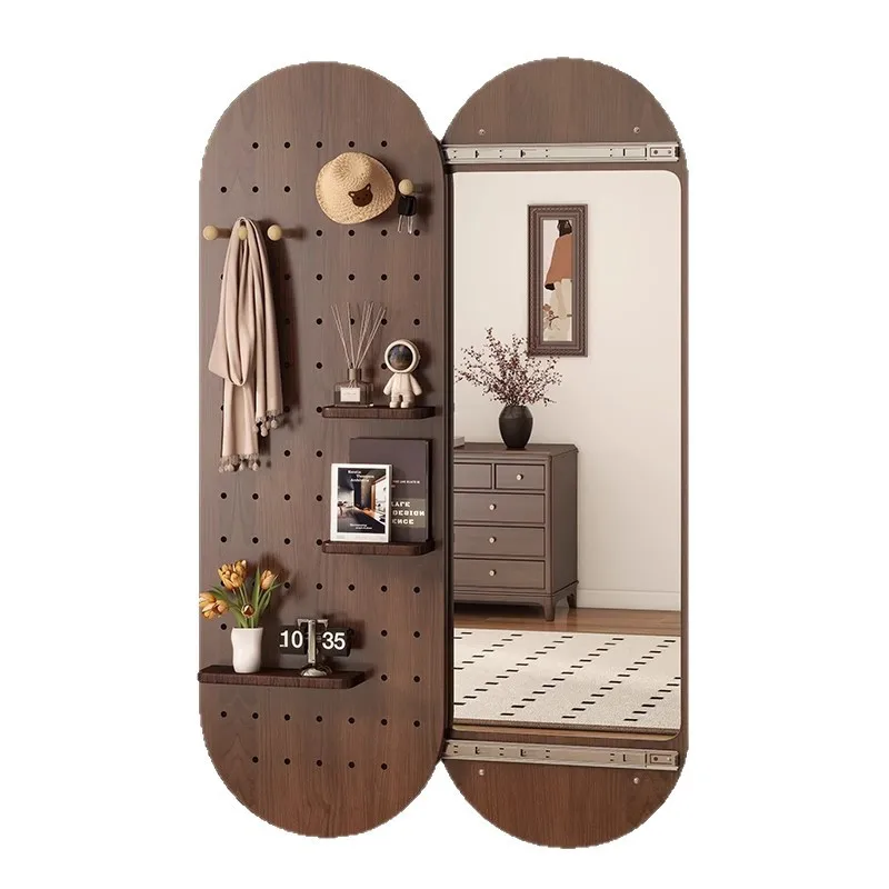 Solid wood perforated panel dressing mirror, concealed sliding full body mirror, can be closed, wall mounted fitting mirror