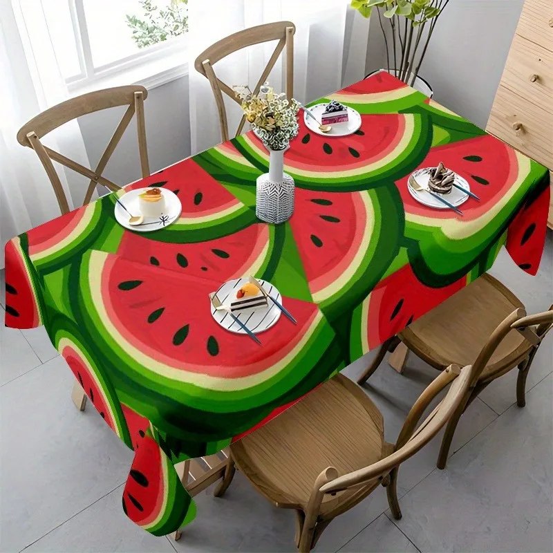 2D Tablecloth, 1pc, Soft, Stylish, and Aesthetically Pleasing. Features 2D Printed Watermelon Slice Pattern with Bright Red Flesh and Green Rind. Cartoon-style Design with a Fresh Summer Theme. Available in Multiple Sizes, Suitable for Home Kitchens