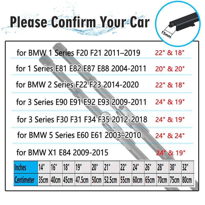 Car Wiper Blade for BMW 1 2 3 5 Series X1 F20 F21 E81 E82 E87 E88 22 F23 E90 E91 E92 E93 F30 F31 F34 F35 E60 E61 Car Accessories