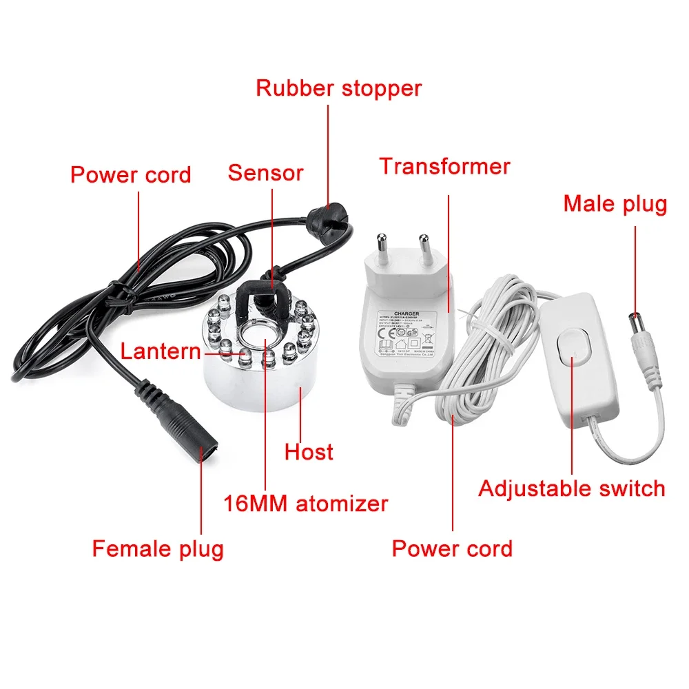 12 Led Light Ultrasonic Humidifier Mist Maker Fogger Water Fountain Pond Atomizer Head Air Humidifier With US/EU Plug/ No plug