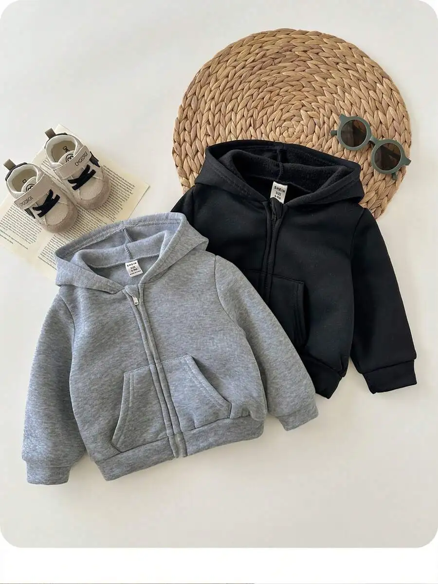 

Комплект из 2 детских толстовок на молнии с капюшоном, серые и черные, на мягкой флисовой подкладке для осени и зимы