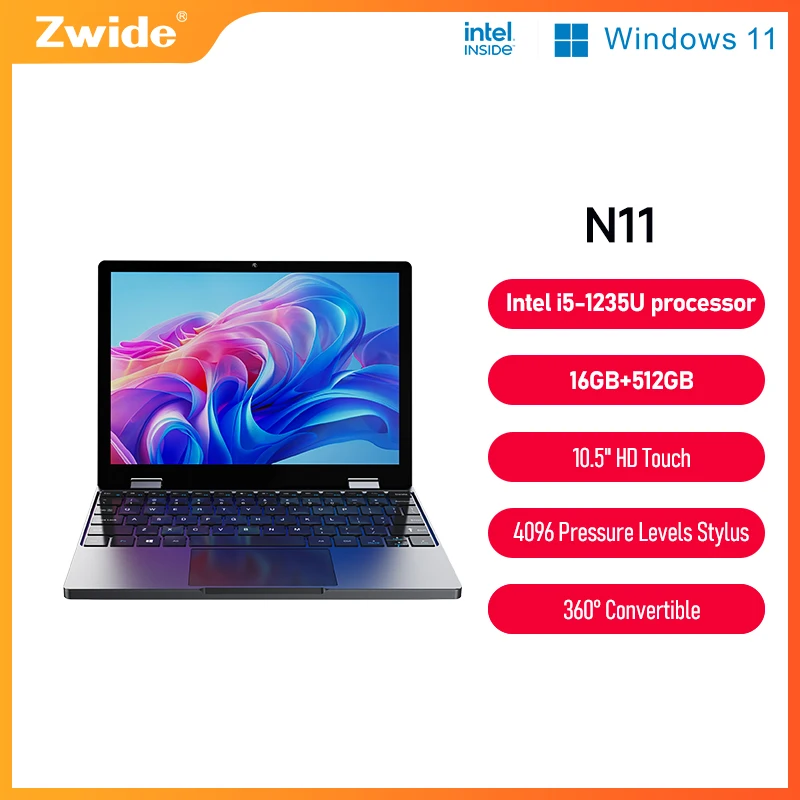 Zwide N11 미니 노트북 10.5인치 코어 i5-1235U 슬림 비즈니스 오피스 휴대용 포켓 태블릿 PC