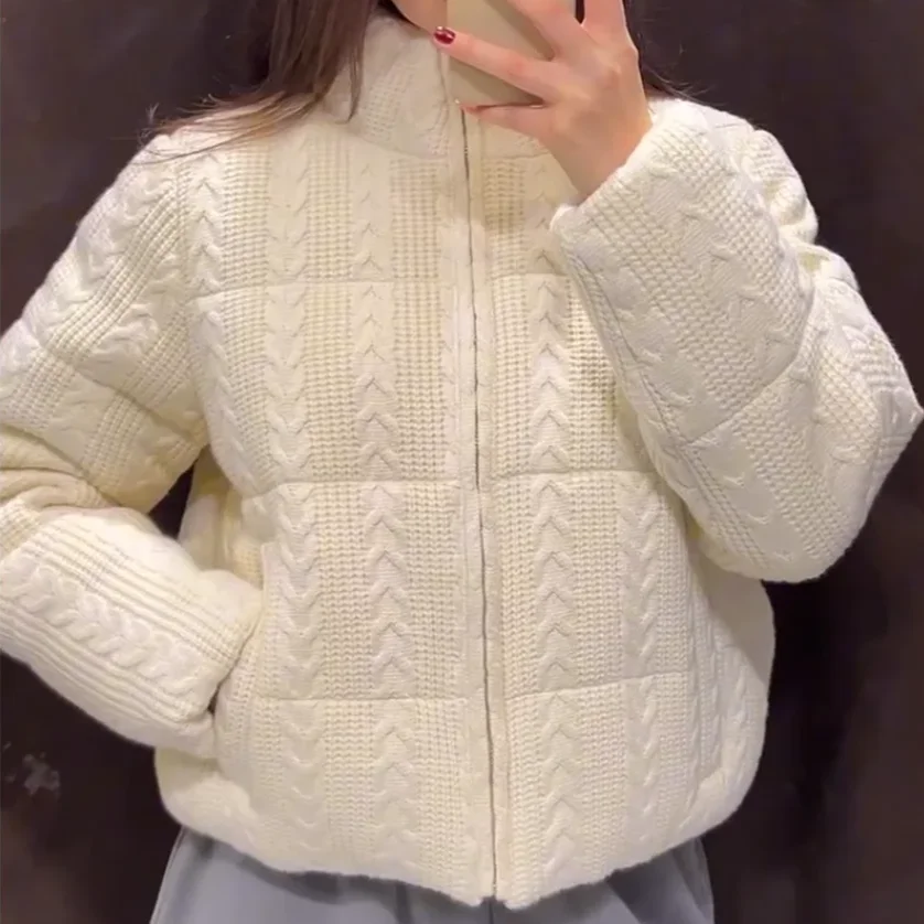 

KONDALA-Women Simple Knit Thick Jacket Coat Standing Collar Zip Blend White Coat 2024 Autumn Winter New Classic Romantic Coat