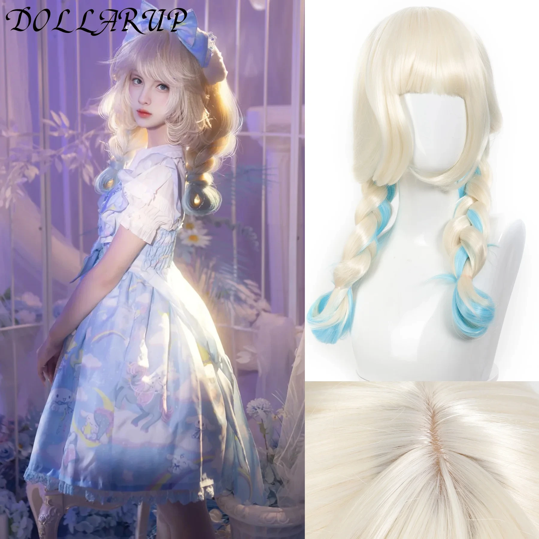 JKL Women Synthetic Lolita Wig Long Straight Ombre Two Tone Silver Grey Blue Hair For Cosplay With Bangs