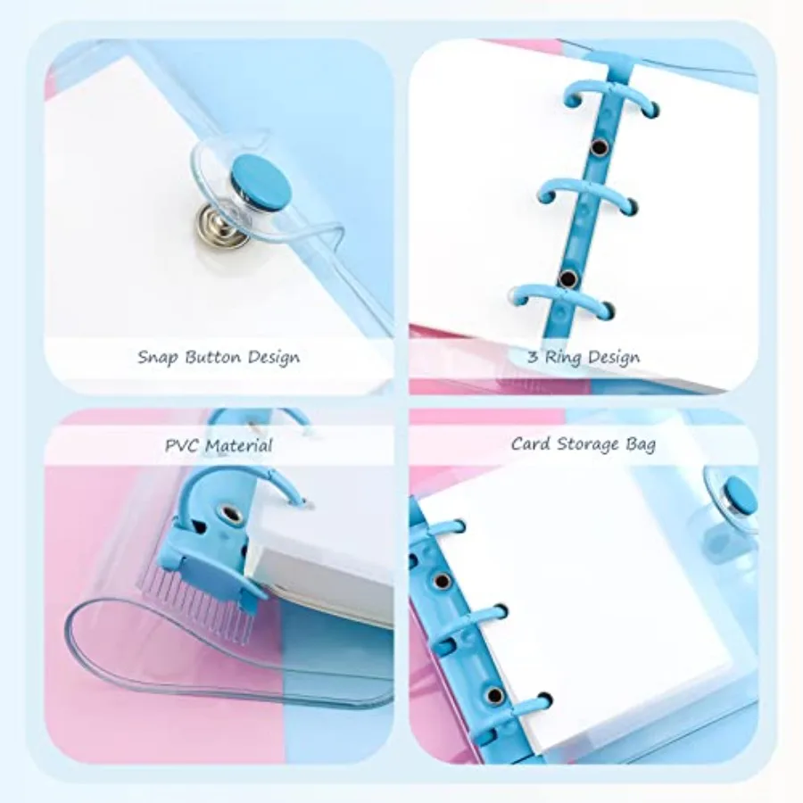 4 Pack Mini Transparent 3 Ring Binder Cove with Inner Paper and Pockets Clear Soft PVC Notebook Closure Loose Leaf Folder Round