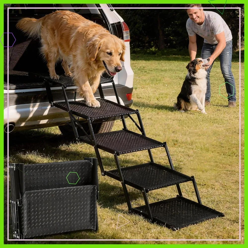 

Foldable 5-Step Non-Slip Pet Stairs for Car & Home, Extra Wide Dog Steps for SUV, Truck, Bed - Supports 250 lbs