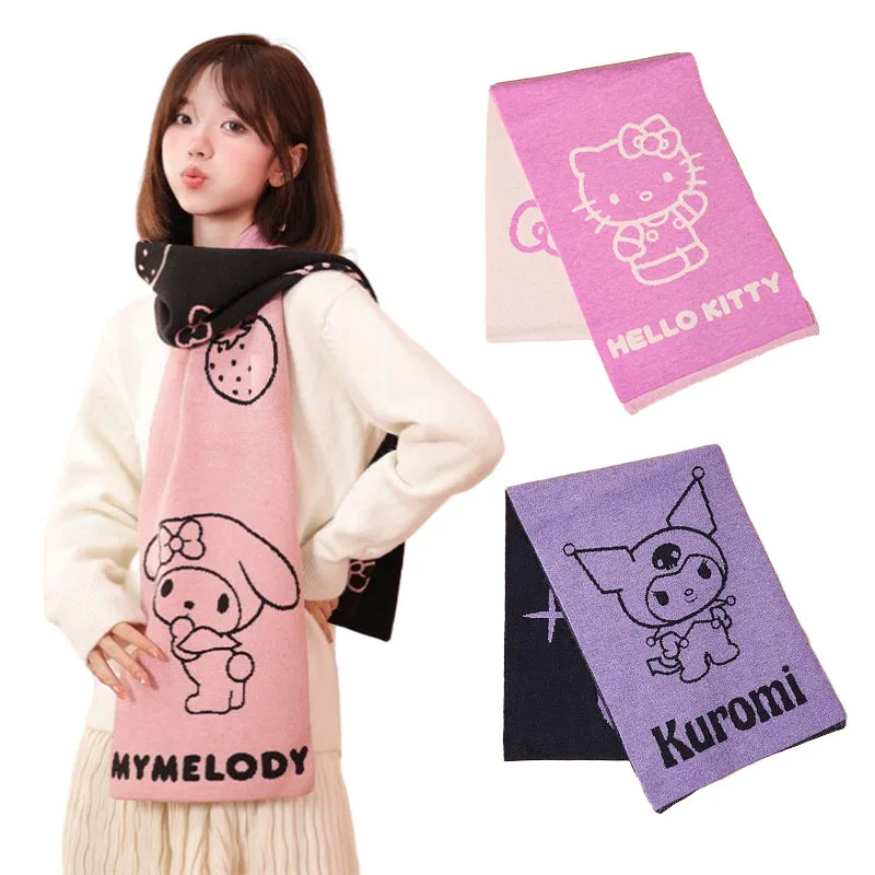 

Sanrios Kuromi Hellokittys Cinnamoroll My Melody Two-Color Scarf Winter Cute Long Cartoon Anime Cold Protection Birthday Gift