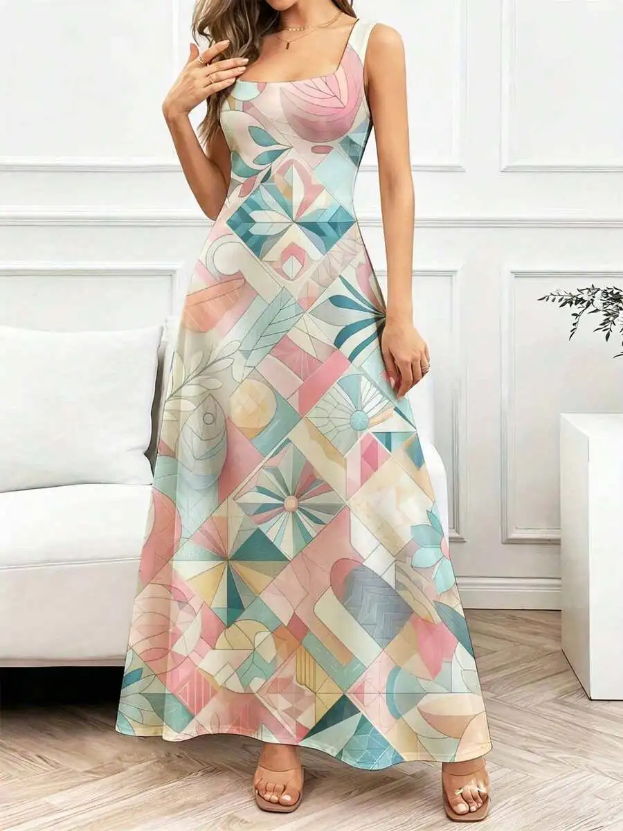 

Geometric Print Sleeveless Maxi Dress Square Neck Flowing Flare Casual