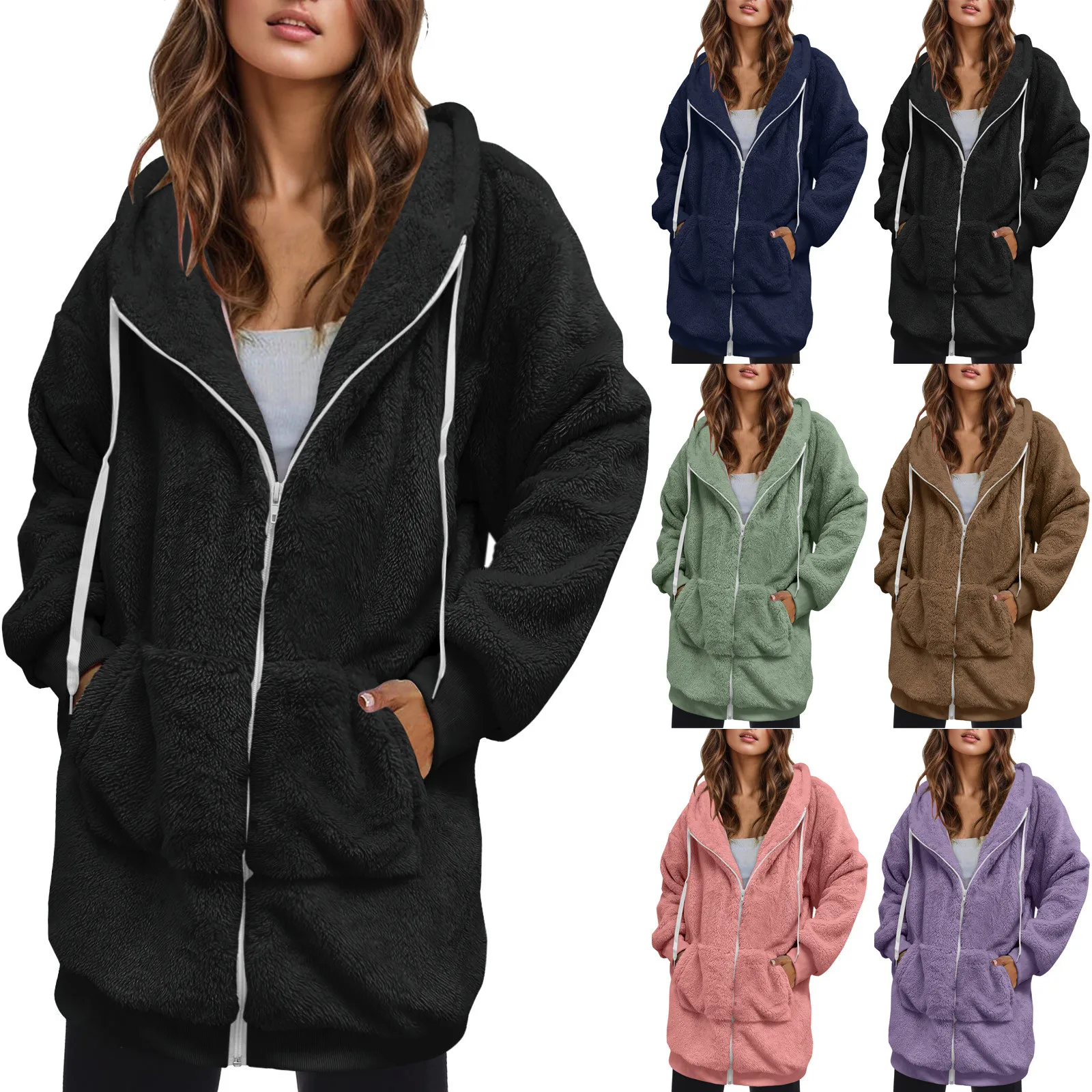 Women's Stitch Plush Sweatshirt Winter Thicken Long Zipper Hoodie Loose Warm Coat Fashion Loose Zip Up Fleece Jackets Y2K Coats