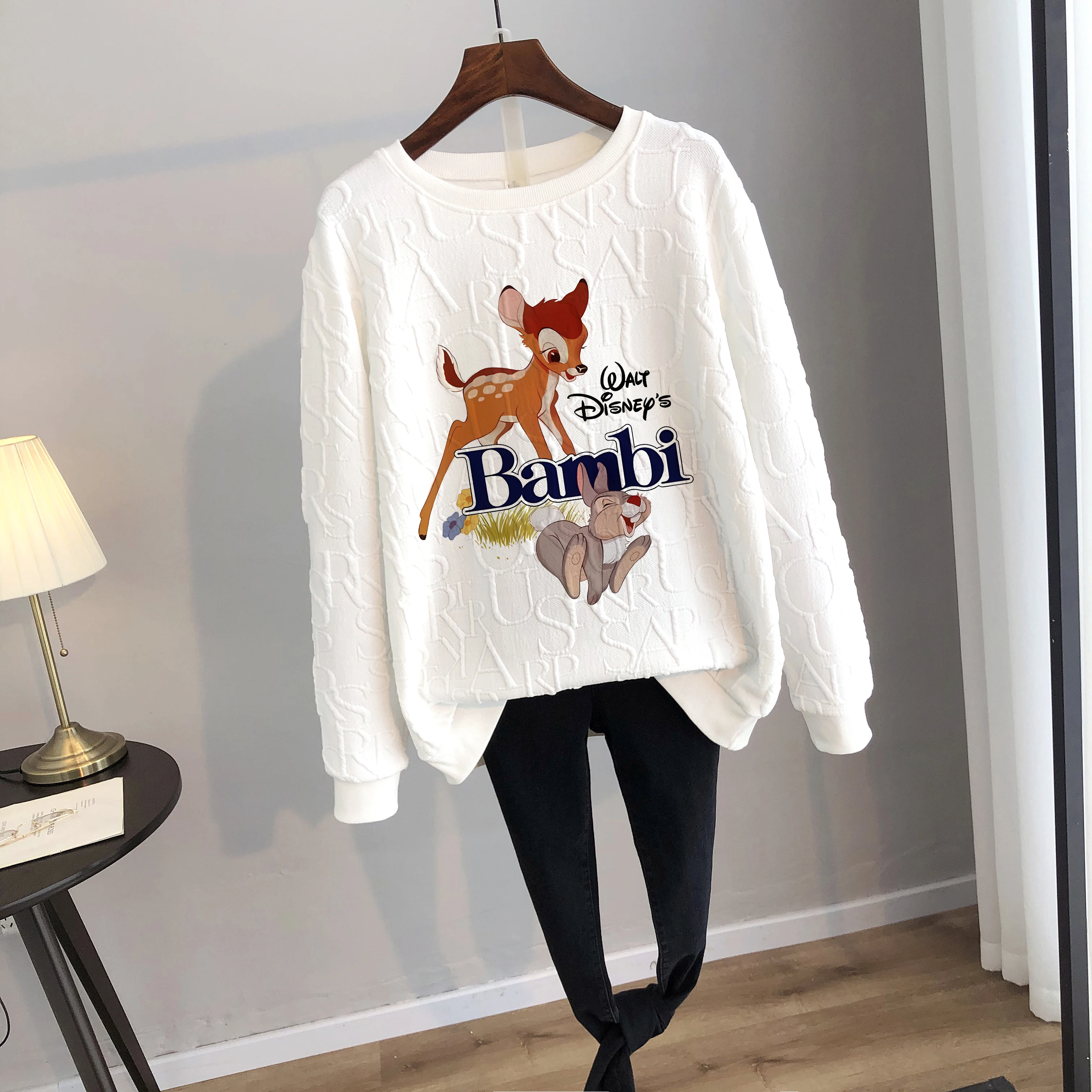 Disney 2024 Anime Cute Bambi Print Loose Sweatshirt Spring Autumn Cartoon Pullover Top Clothing