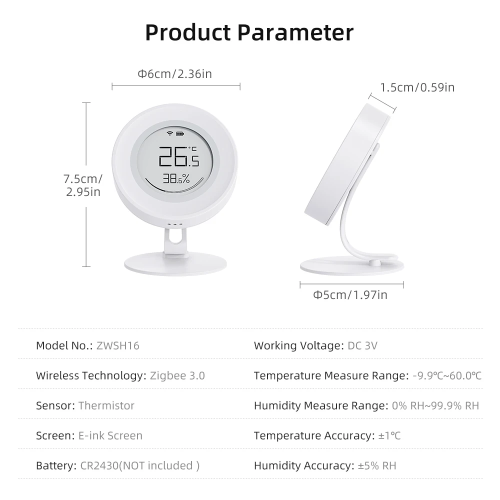 Sensor inteligente de temperatura y humedad MIUCDA Tuya Zigbee, sensor de temperatura y humedad de pantalla de tinta electrónica para Alexa Google Home