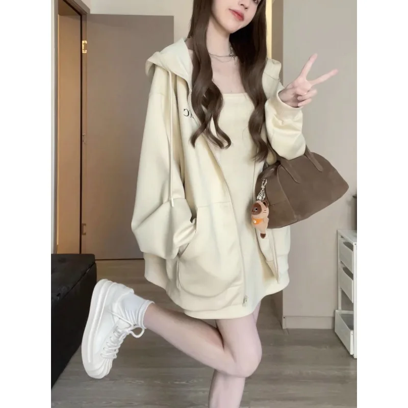 

Oversize Long Sleeved Hoodie Zippered Jacket Two-piece Set for Spring and Autumn New Solid Color Suspender Dress Female Clothing