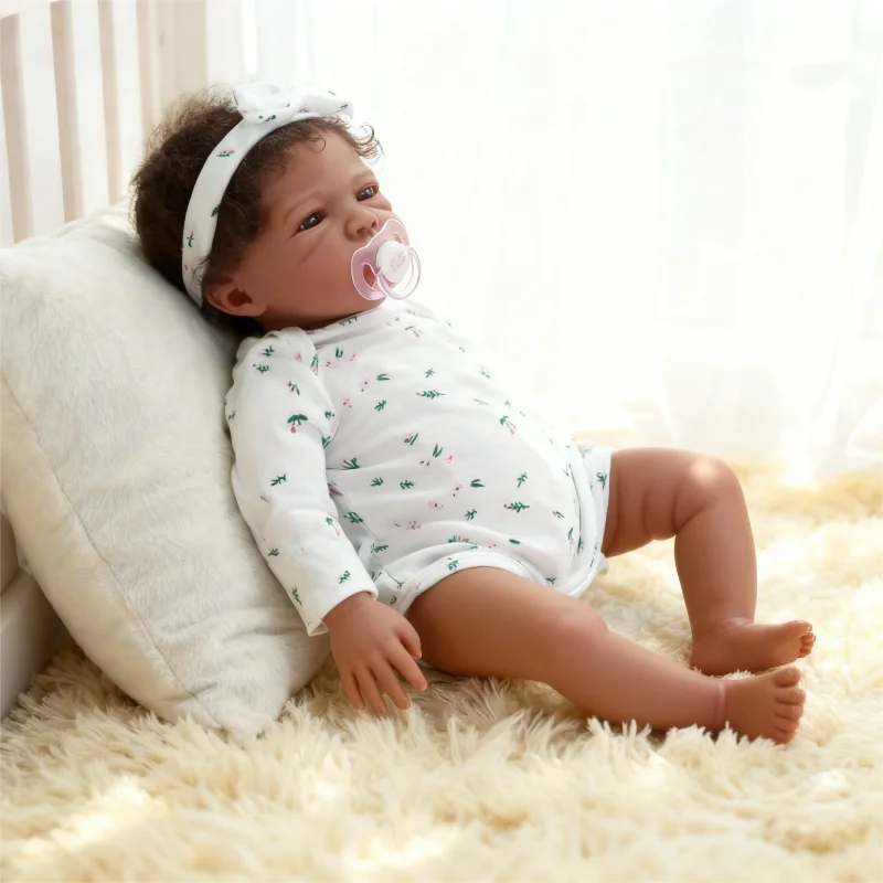 18 Inch Hand-Painted Deep Skin Tone Curly Hair Resurrection Doll Realistic Baby Expression Collectible Figurine for Collectors