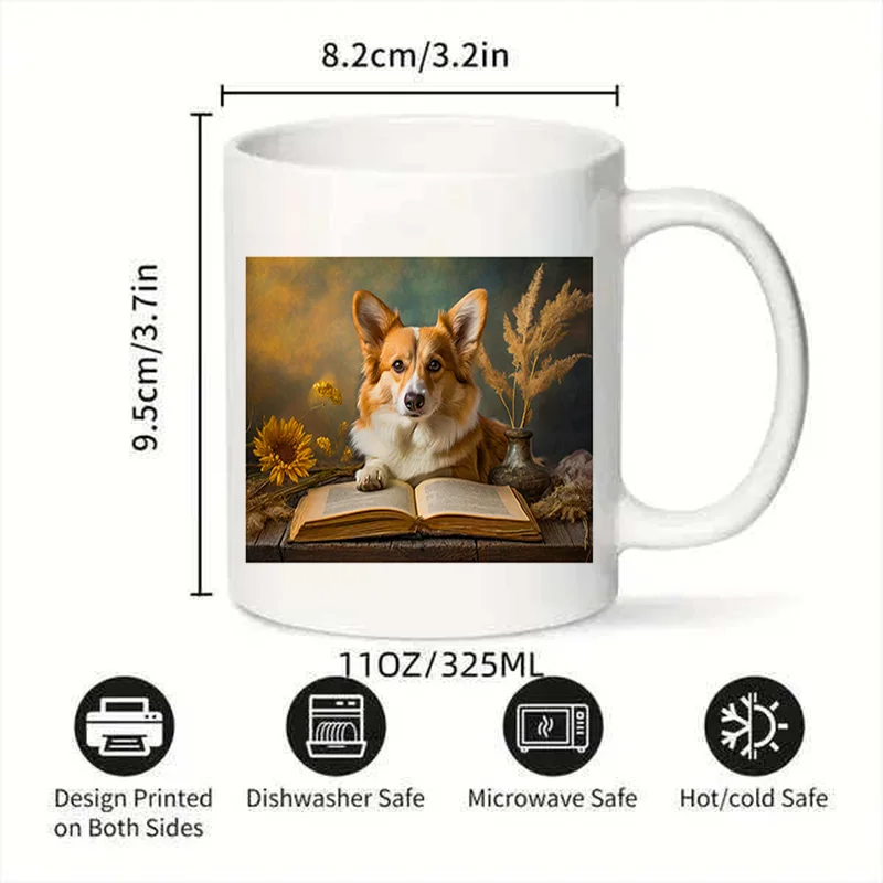 Cute Corgi Reading Book Colorful Print Ceramic Coffee Mug 11oz 350ml Personalized Custom Mug Microwave Safe Cute Aesthetic Mug B