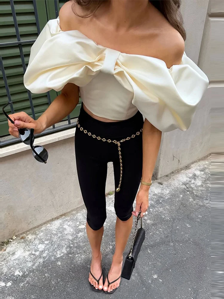 Elegantes Damen-Satin-Top mit großer Schleife, schulterfrei, Carmen-Ausschnitt, ärmellos, rückenfrei, für Party und Abend, Sommer 2026, vielseitiges Tanktop