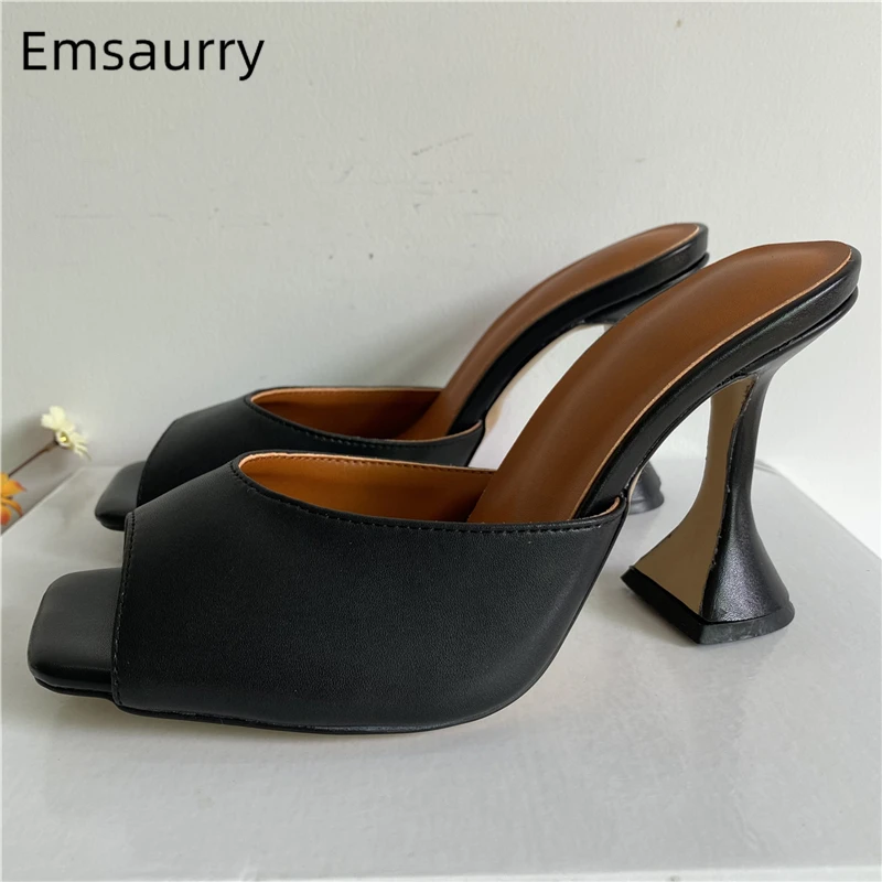 Unique High Goblet Heel Sexy Open Toe Summer Mules Sexy Slingbacks Square Toe Genuine Leather Sandals Women