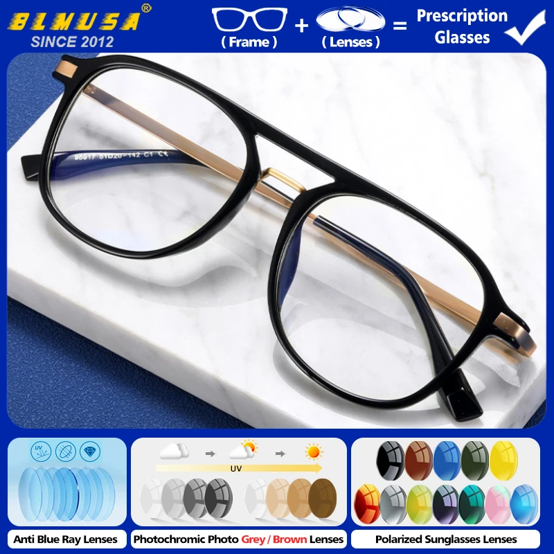 

BLMUSA Stylish Pilot Customized Prescription Glasses Men Photochromic Driving Eyeglasse Anti Blue Light Myopia Reading Glasses