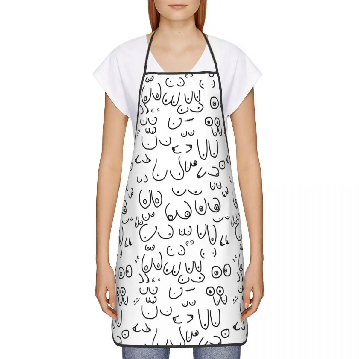 Unisex Cute Boobs Linework Line Art Bib Apron Adult Women Men Chef Tablier Cuisine for Kitchen Cooking Painting