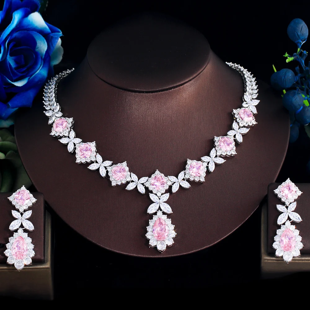 ThreeGraces Elegant Shiny Pink Cubic Zirconia Luxury Big Long Bridal Wedding Party Necklace Earrings Jewelry Set for Women TZ995