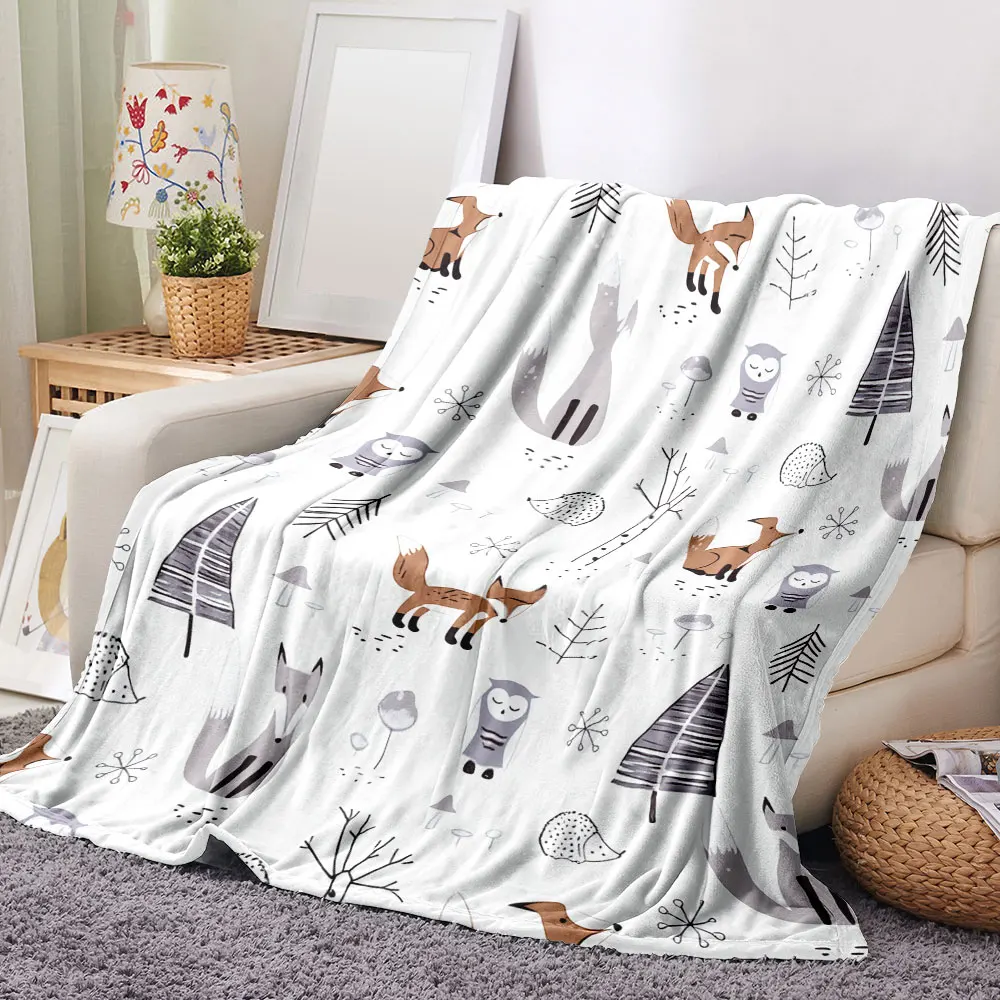 Whimsical Forest Animals Pattern Blanket - Soft, Cozy Monochromatic Throw with Foxes, Owls, Hedgehogs, Trees, Mushrooms & Snowfl
