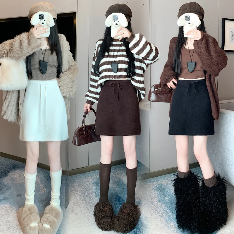 

Slim Fit Korean Sle Knitted ort Skirt Women's Ele Design Autumn Winter New Arrival Versatile Dstring A-Line Skirt