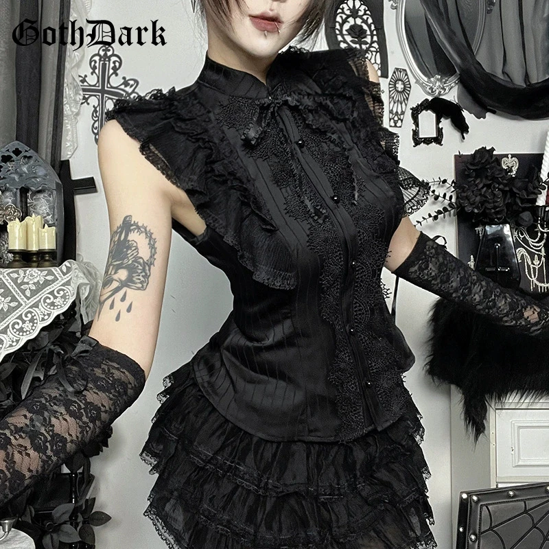 

Goth Dark Fairycore Lace Ruffles Sleeveless Blouses Women Elegant Partywear Mall Gothic Button Lace-up Shirts Kawaii Tank Tops