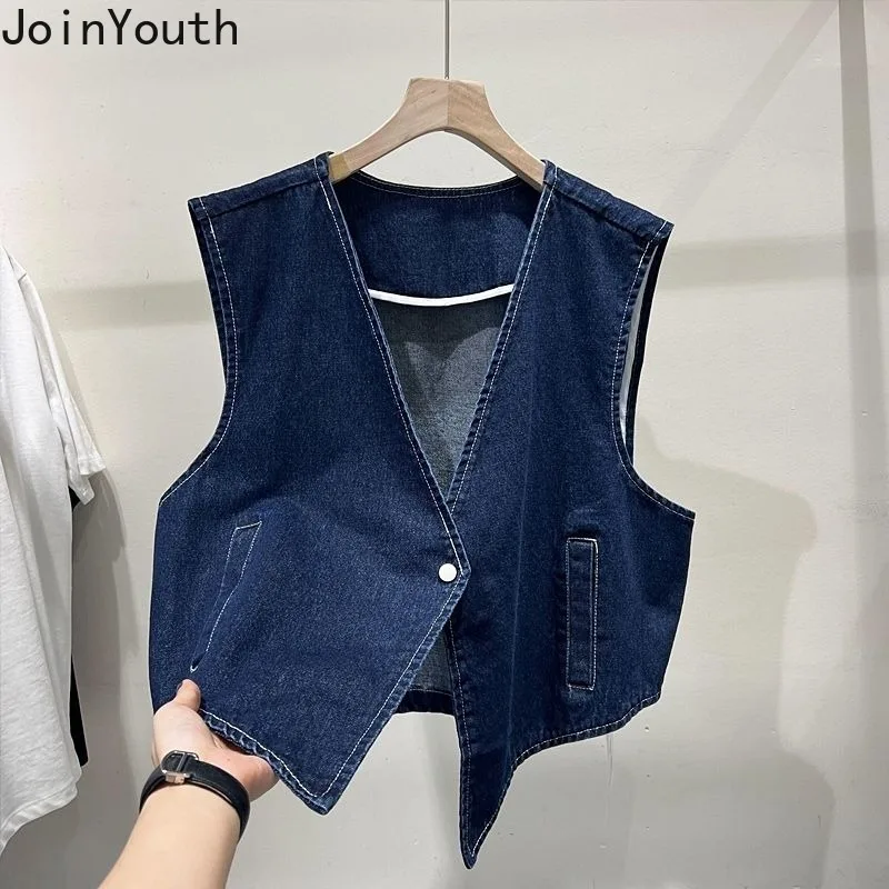 2024 Ropa Mujer Denim Women Vest Sleeveless V-neck Tunic Tanks Streetwear Fashion Casual Waistcot Crop Tops Chalecos Para Mujer