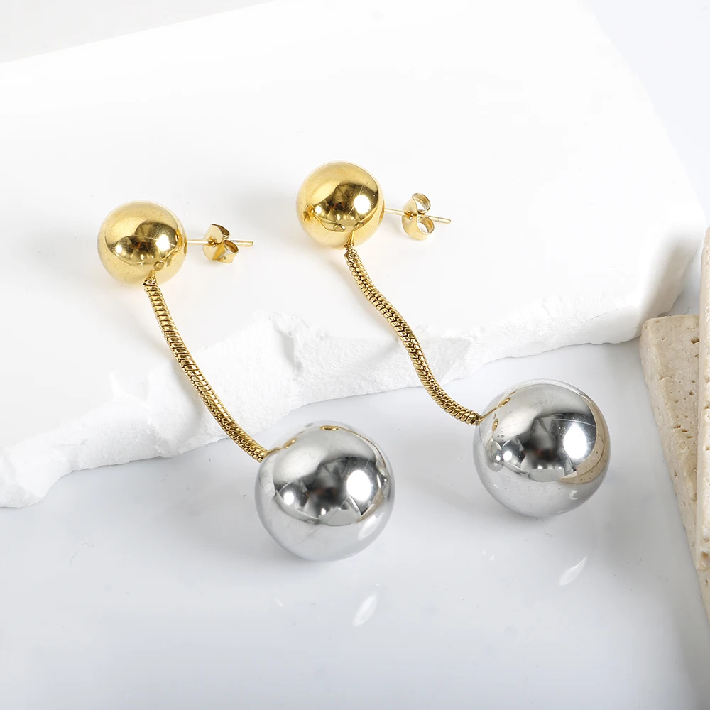 JINHUI Golden Beads And Steel Bead Connect Tassel Long Drop Earrings for Women Gold Silver Color Ear Jewelry Trending Girls Gift