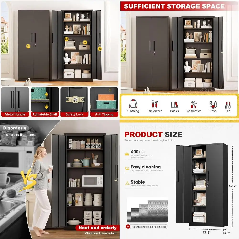 

2-Door Tall Black Steel Storage Cabinet with 4 Adjustable Shelves for Home, Office, Garage, and Pantry Use