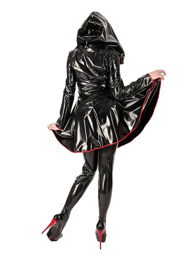 Shiny Patent Leather Hooded Dress Pleated Long Sleeve Faux Latex Wet Look PVC Mini Dress Front Zip Halloween Cosplay New Custom