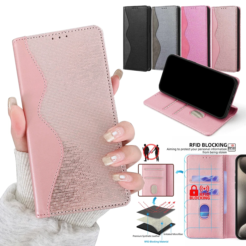 Fashion Contrasting Color Magnetic Flip Wallet Case for iPhone 16 15 14 13 12 11 Pro Max X 8 7 6S Plus SE3 Leather Glitter Cover