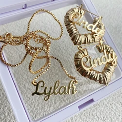 Custom Kids Name Jewelry Set Girls Heart Bamboo Earrings Name Necklace With Box Chain Personalized Jewelry Set Christmas Gift