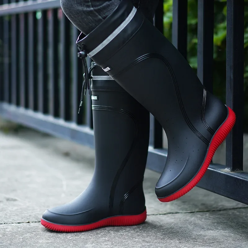 

Men's Rain Boots Long Tube Water Shoes Non-slip Waterproof Safety Work Shoes Black Red Platform Cotton high-top outer wear