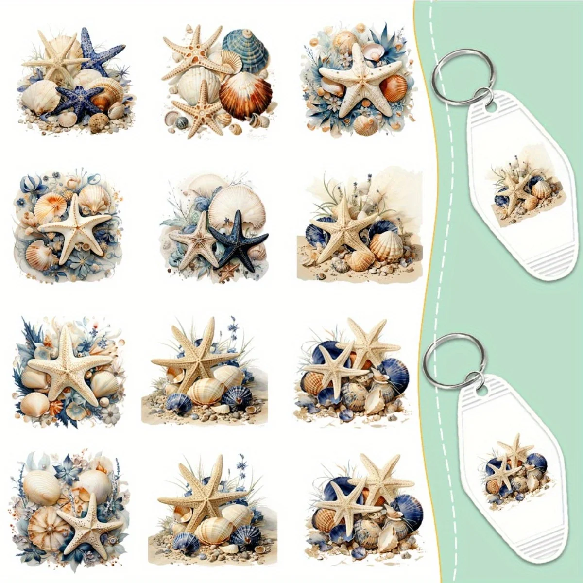 

60 Pieces Summer beach starfish shells UV DTF Transfer Durable High Viscosity Adhesive DIY Crafts Office Supplies And Keychain