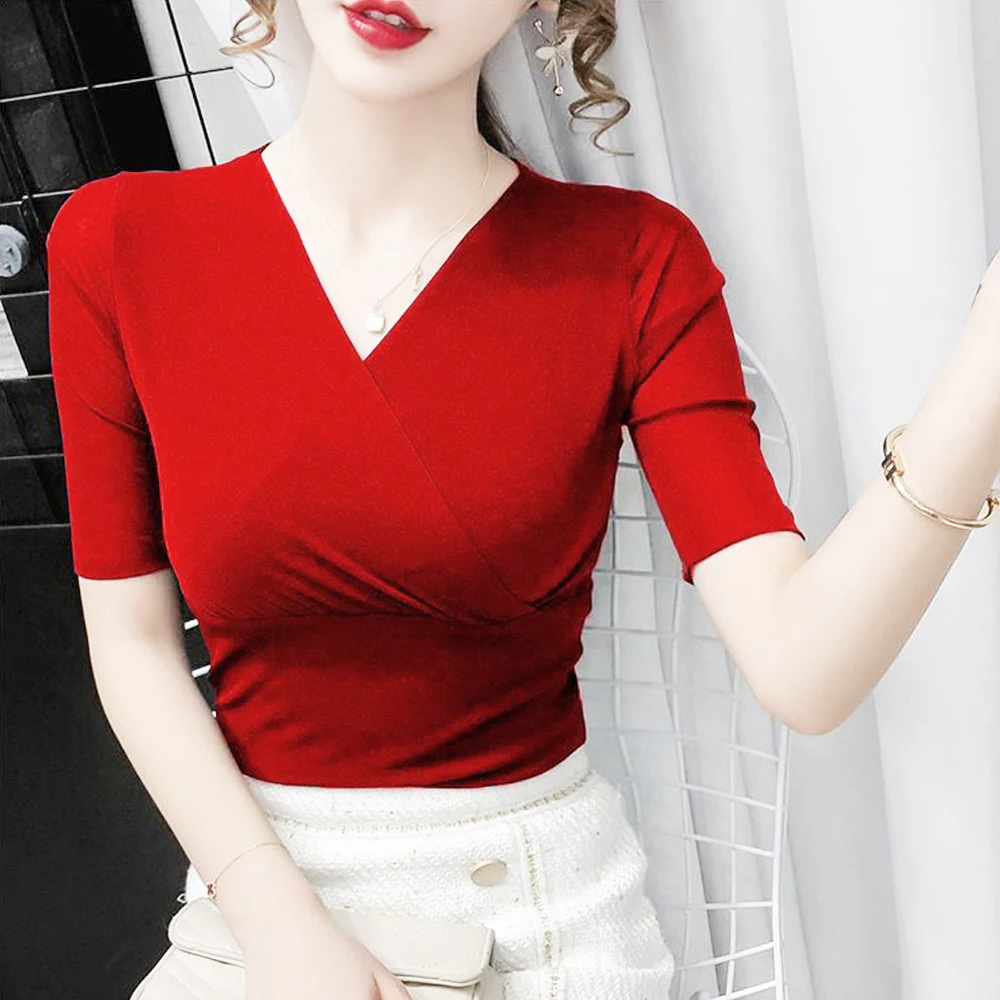 Spring Summer Slim Stretch T Shirt Women V Neck Short Sleeve Tops Red Black White Color S M L XL 2XL 3XL 4XL Ladies Sexy Tees