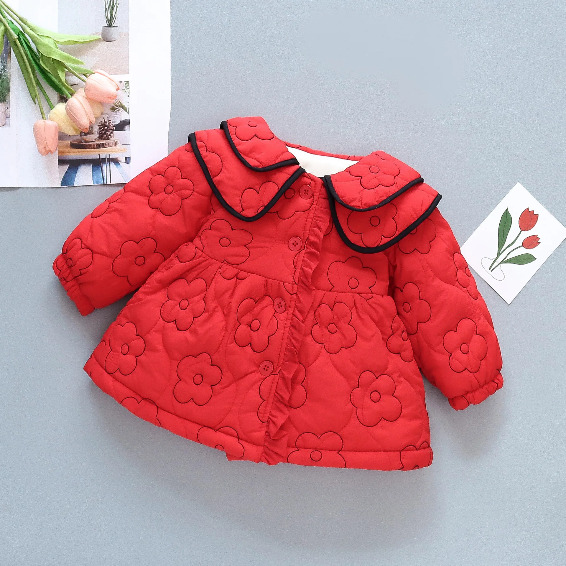 2023 New Girls Korean Style Cotton-Padded Jacket Winter Children's Clothes Double Doll Collar Solid Color Flower Sweet Clothes