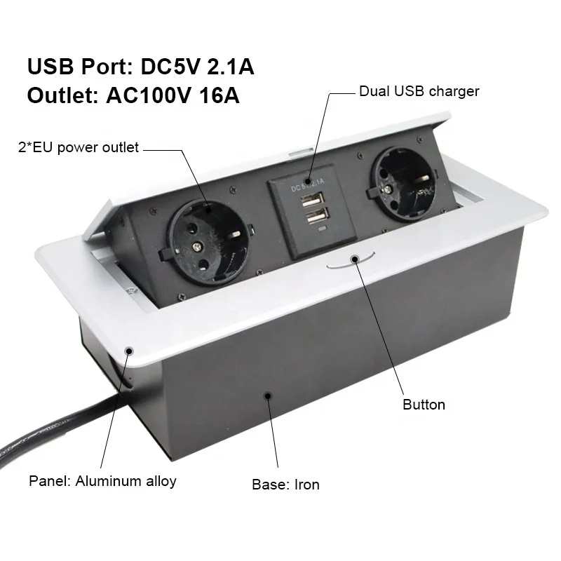 ZING EAR Hidden Silver USB Tabletop Power Socket Box with 2 Outlets 2 USB a Ports 16A Slow Lift Pop-Up Design EU Desktop Socket