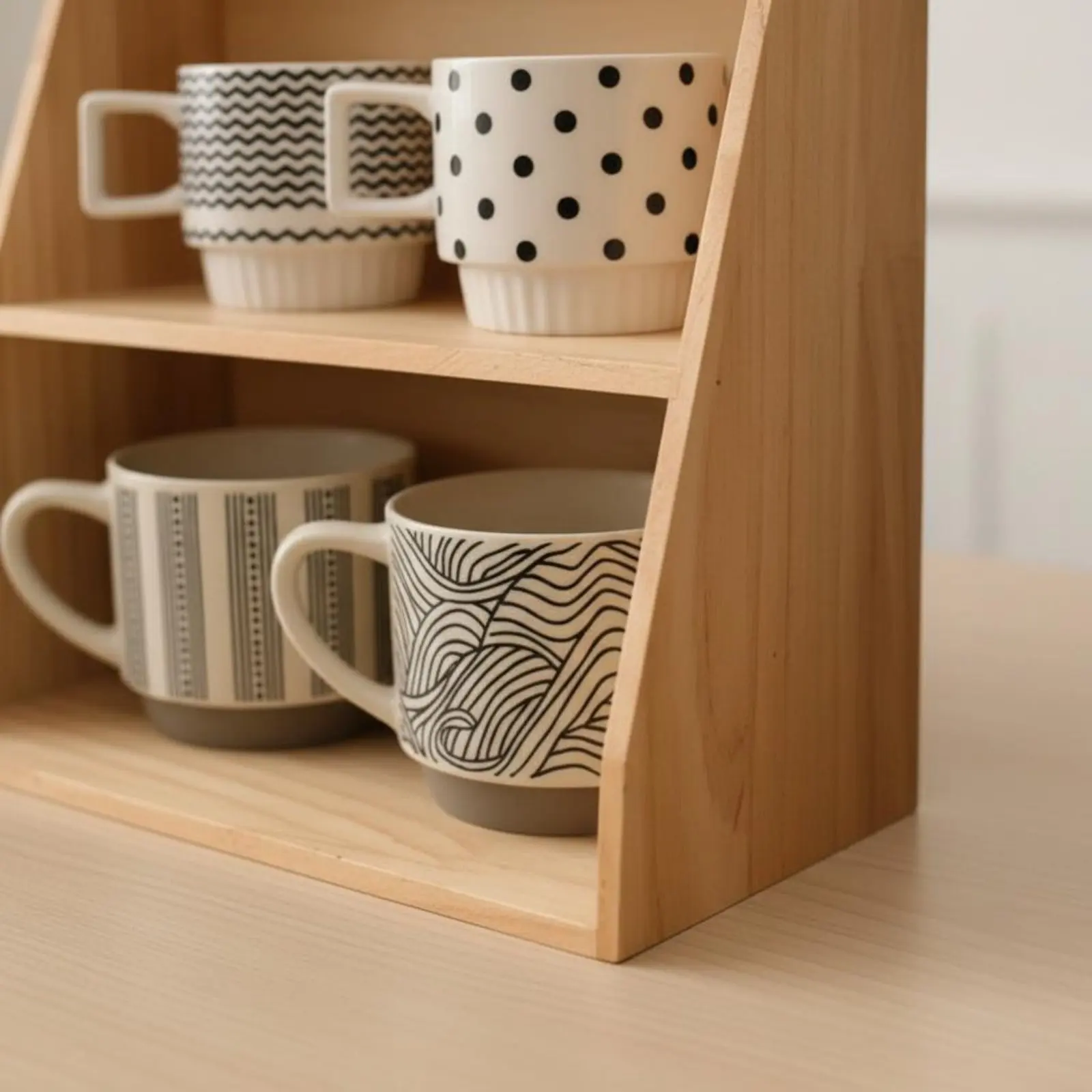Countertop Mug Organizer Space Saving Wooden Mug Rack Layered Wood Storage Rack Stable Load-Bearing for Office, Kitchen Counter