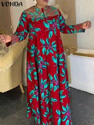 Bohemian Printed Dress VONDA 2024 Women Vintage Long Sleeve Party Sundress Casual Loose Round Neck Ankle-Length Robe Oversized