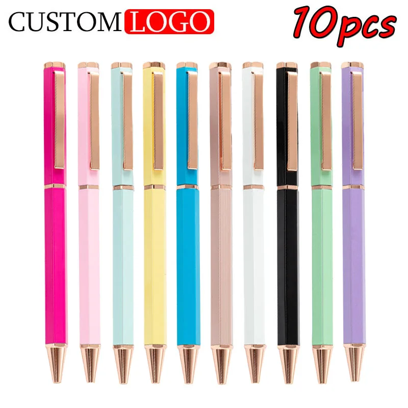 

10 шт., шестиугольная шариковая ручка с логотипом, металлическая ручка цвета миндального печенья, студенческий офис, индивидуальный логотип, рекламный подарок, рекламные масляные ручки.