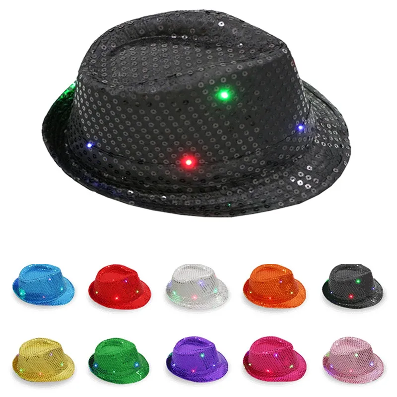 Creative LED Flashing Luminous Jazz Hat Glitter Sequins Cowboy Caps Performance Costume Shiny Hats Dance Show Party With Light