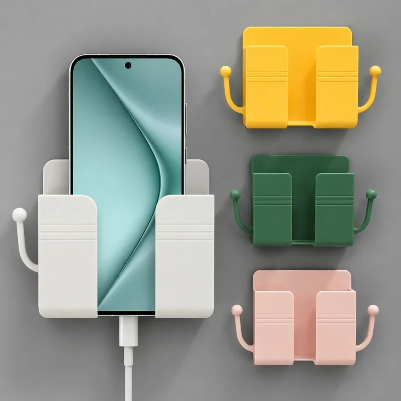 Punch-Free Wall Mount Phone Holder, Bedside Charging Organizer with Hooks for Remote & Keys