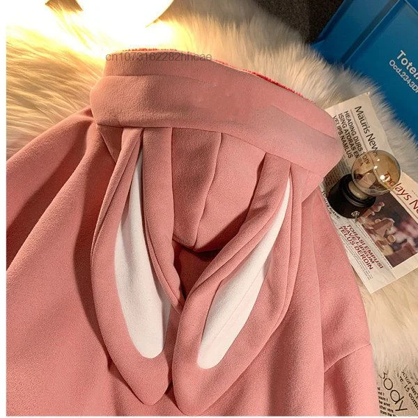 Autumn Winter New Korean Stylish Loose Hoodie Kawaii Rabbit Ear Hooded Clothing Women's Fashion INS Plush Top Pullovers Coat Y2k