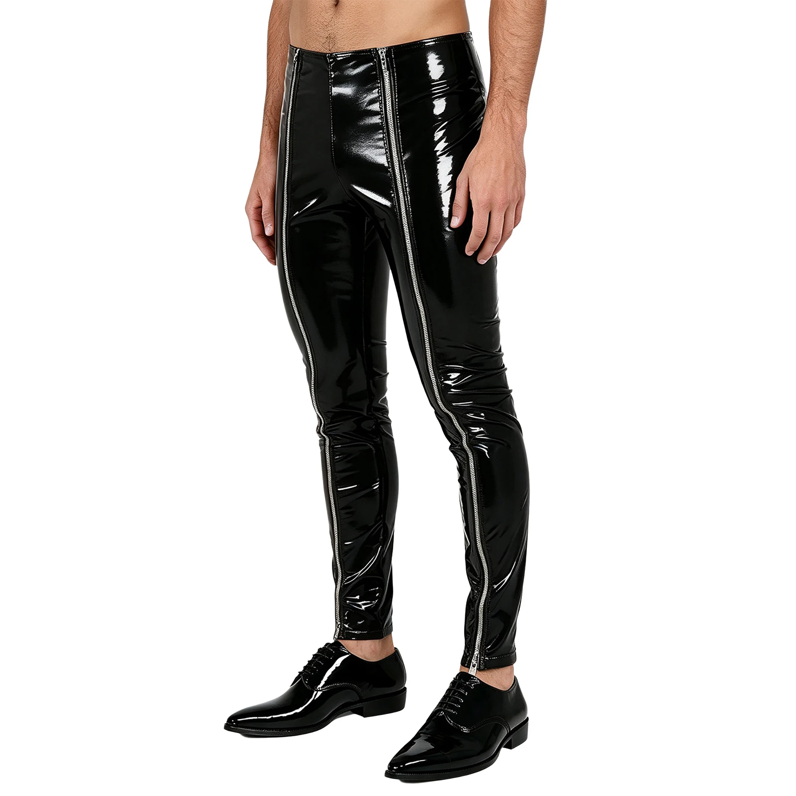 Men Patent Leather Pants Front Zippers High Waist Wet Look Leggings Pants for Daily Street Rave Party Stage Performance Clubwear