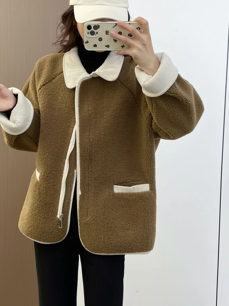 Autumn Winter Vintage Style Turn Down Collar Zipper Loose Jacket for Women Office Lady Fashion Patchwork Long Sleeve Baggy Coat