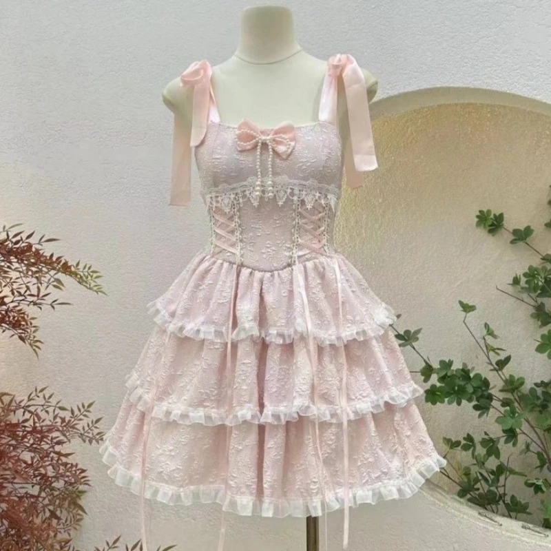 

Summer New Women Puffy Dress Lolita Lace Patchwork Strapless Dress Short Skirt Sweet Cute Princess Dress Y2k Clothes Bow Vestido